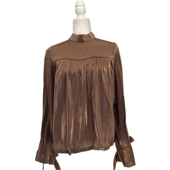 Allison New York Metallic Chiffon Smocked Long Tie bow Sleeve Blouse in Copper - Picture 1 of 9